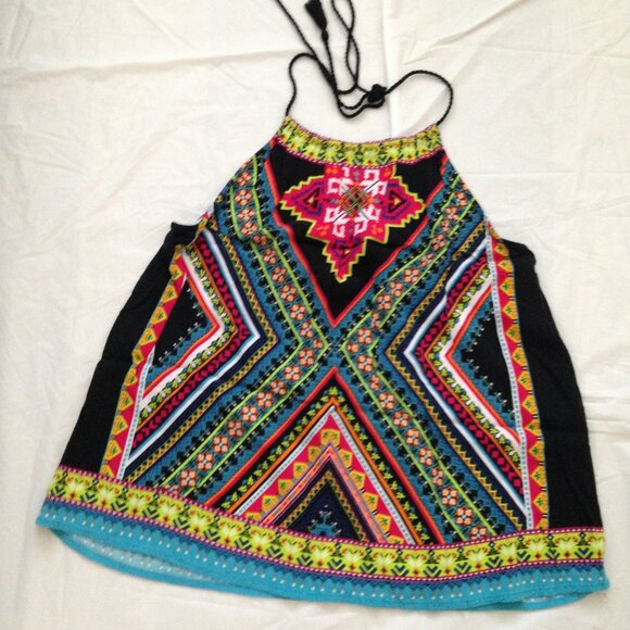 Very Colorful/Multicolored Fringe Tie Back Halter Top, Stretchy Garter Back, Med - Picture 3 of 9